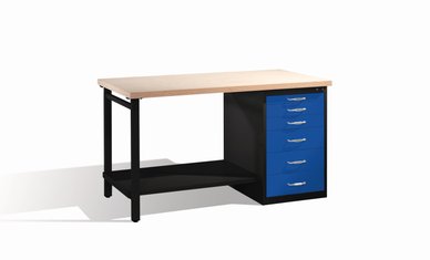 Werkbank | Modell 4502-07 Werkbank mit Ablageboden und Schubladenschrank, Masivplatte